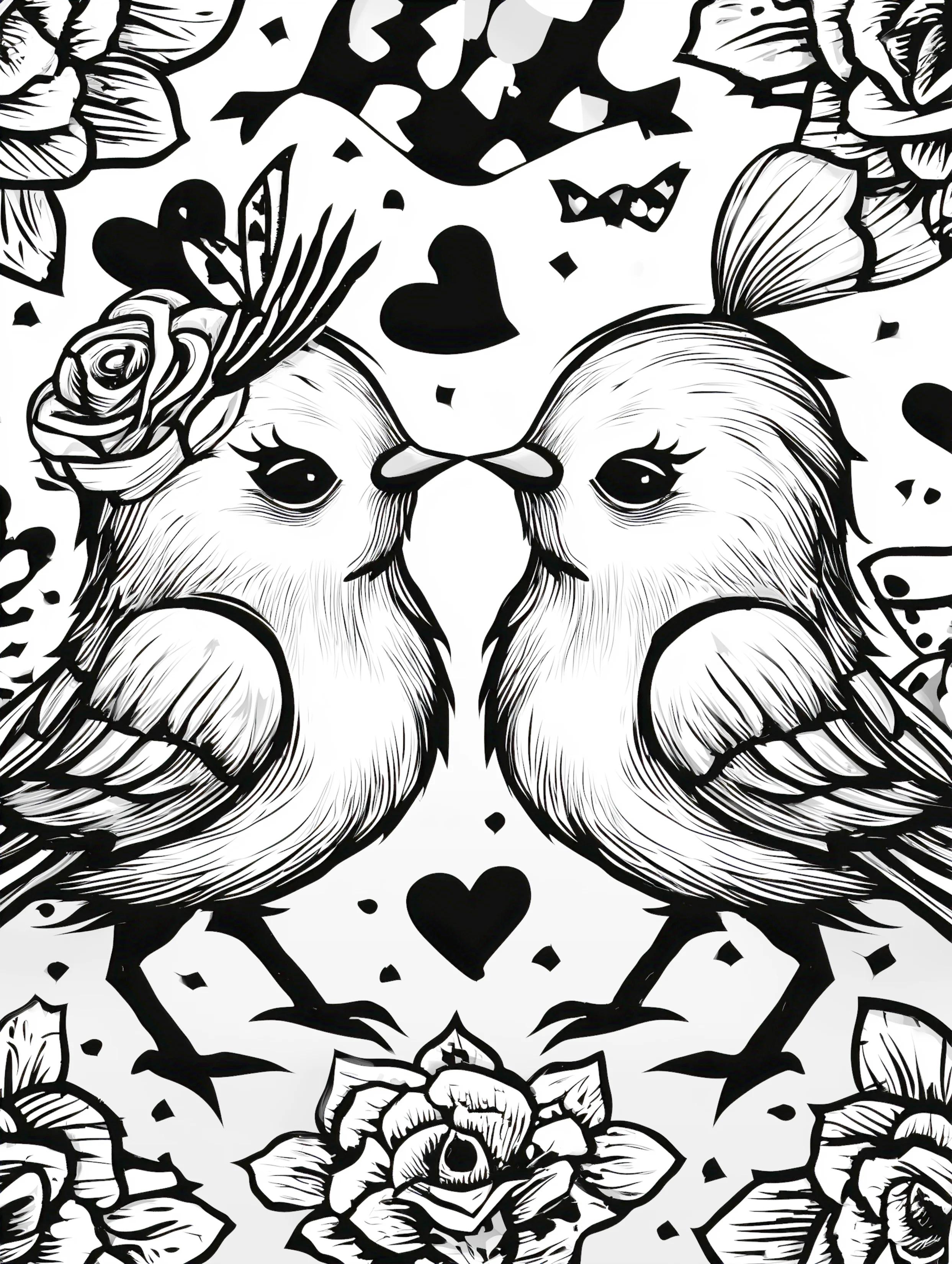 Free printable valentines coloring pages for adults featuring birds so pretty and kissing each other